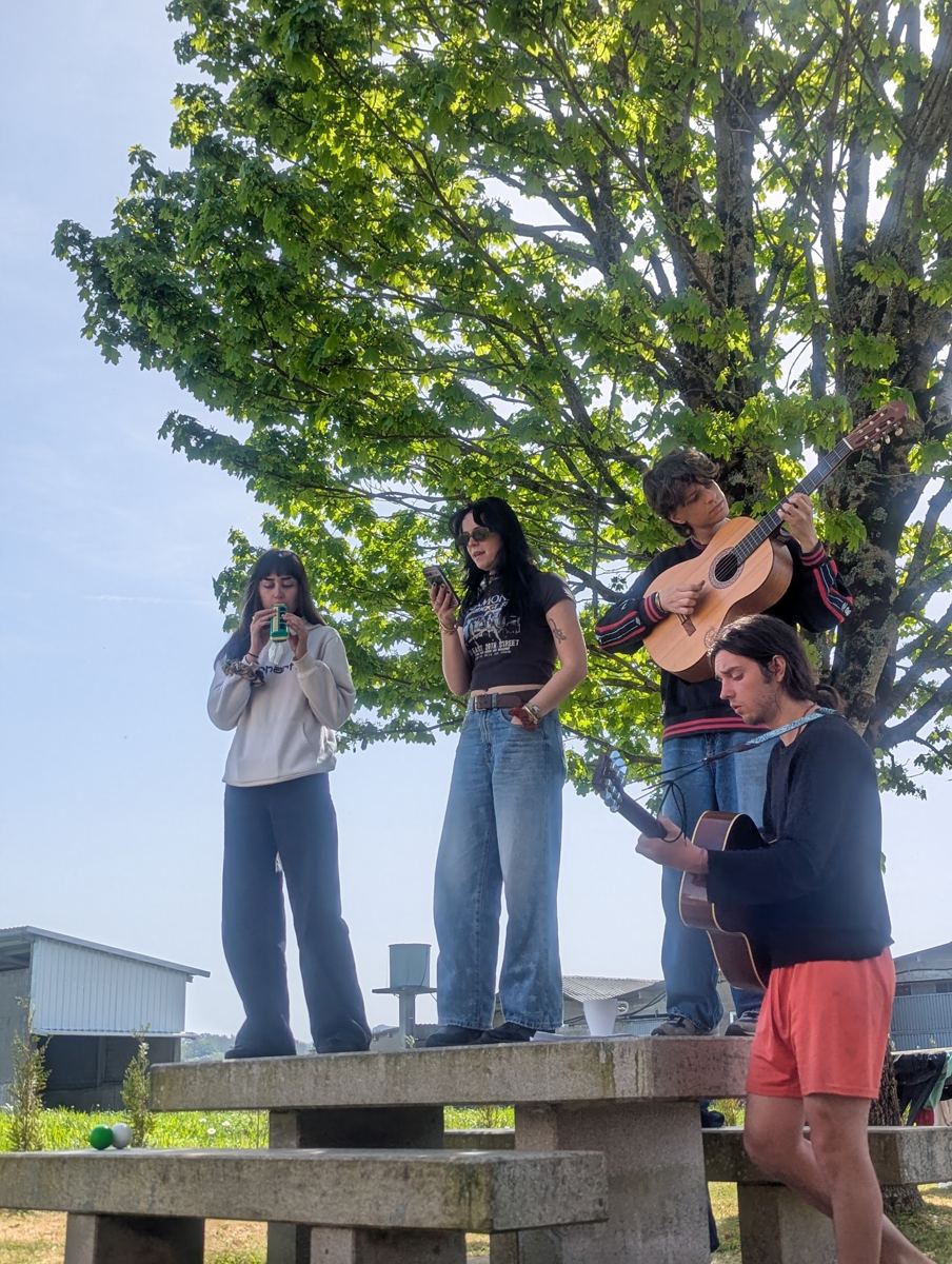 Tres participantes tocando y cantando bajo un árbol